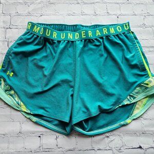 Under Armour Women’s Running Shorts Teal Yellow Trim Size XL Compression Waist‎